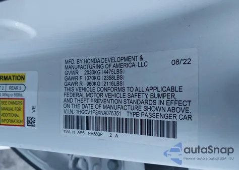 2022 Honda Accord Sport z USA, uszkodzony, nr VIN 1HGCV1F3XNA076351